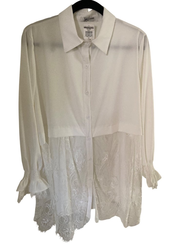Madonna & Company Lace Panel Button-Down Blouse White Os Nwt